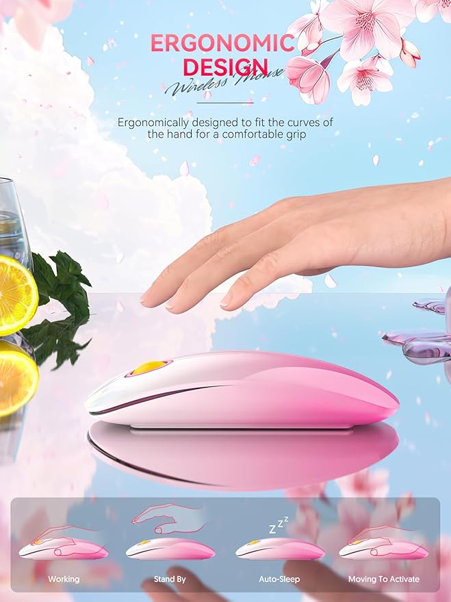 Bluetooth Wireless Mouse - (BT5.1+USB) Slim Dual Mode Computer Mice with Quiet Click, Low Power, and 1600 DPI, Portable Cordless Mouse for MacBook, Laptop, iPad Pro/Air(Gradient Pink)