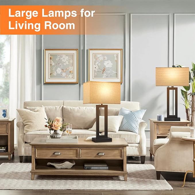 Seealle 22" Tall Living Room Lamps for Night Stands - Touch Bedside Lamp with USB C+A, 3 Way Dimmable Bedroom Lamps for End Tables Set of 2, Modern Night Stand Lamps for Bed Side(Beige&Black)