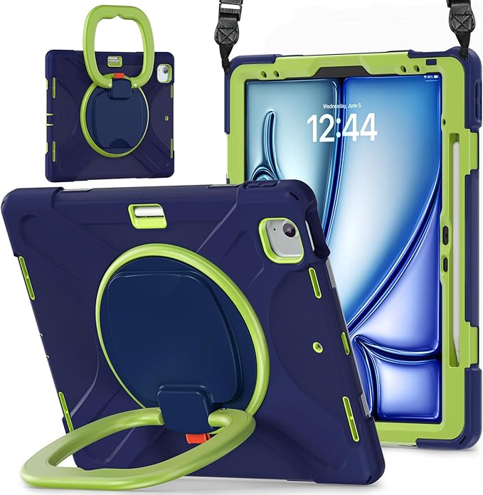 SCSVPN Case for iPad Air 13 inch M4 2026/ M3 2025/M2 2024 & iPad Pro 12.9'' 6th/5th/4th/3rd Generation 2022 2021 2020 2018, Protective Cover with Pencil Holder-Stand-Handle-Shoulder Strap, Navy Green