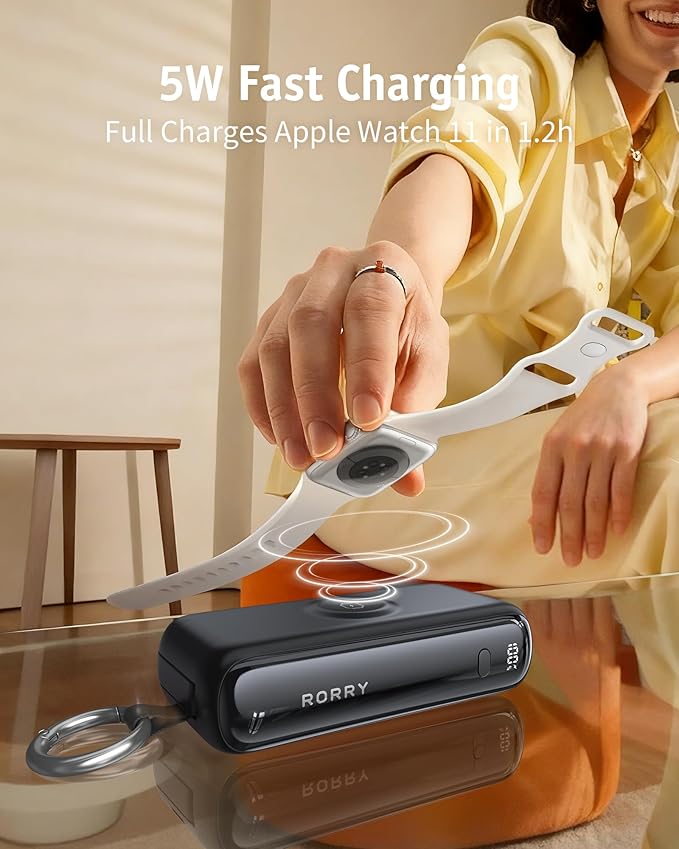 RORRY Flow Portable Charger, 10000mAh 40W Fast Charging Power Bank with Built-in USB C Cable and Foldable Wall Plug, Battery Pack Travel Essentials for iPhone 17/16/15, Apple Watch, iPad, MacBook