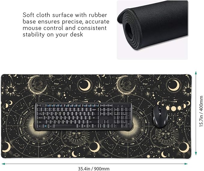 Astrology XXL-Large Gaming Mouse Pad, Funny Gift Mousepad Desk mat for Desktop with Sun and Moon Phases, Big Cute Desk mat Extended Zodiac Signs Desk Pads for Keyboard, Laptop Office Black 35.5X16 in