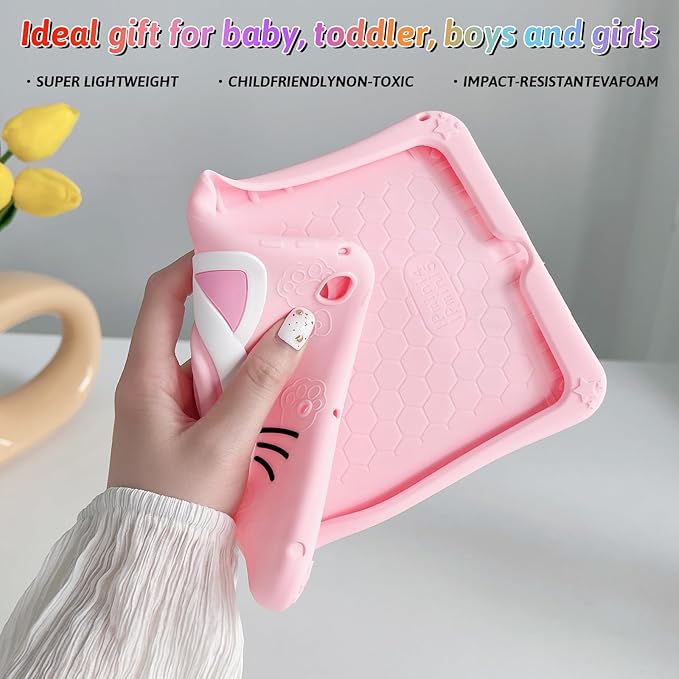 Dteck for iPad Pro 11 Case 2022/2021/2020/2018,iPad Air 5/4 Case,Cute Cartoon 3D Unique Rotating Handle Stand Shoulder Strap Soft Silicone Funda Rugged Shockproof Protective Kid-Proof Case,Cat