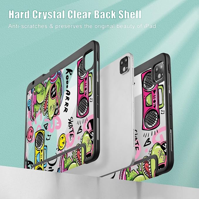 Mektron Case for iPad Pro 11 inch (4th, 3rd, 2nd & 1st Gen) 2022 2021 2020 2018, Buit in Pencil Holder with Shockproof Cover Clear Shell + Trifold Stand + Auto Wake/Sleep, Cool Dinosaur