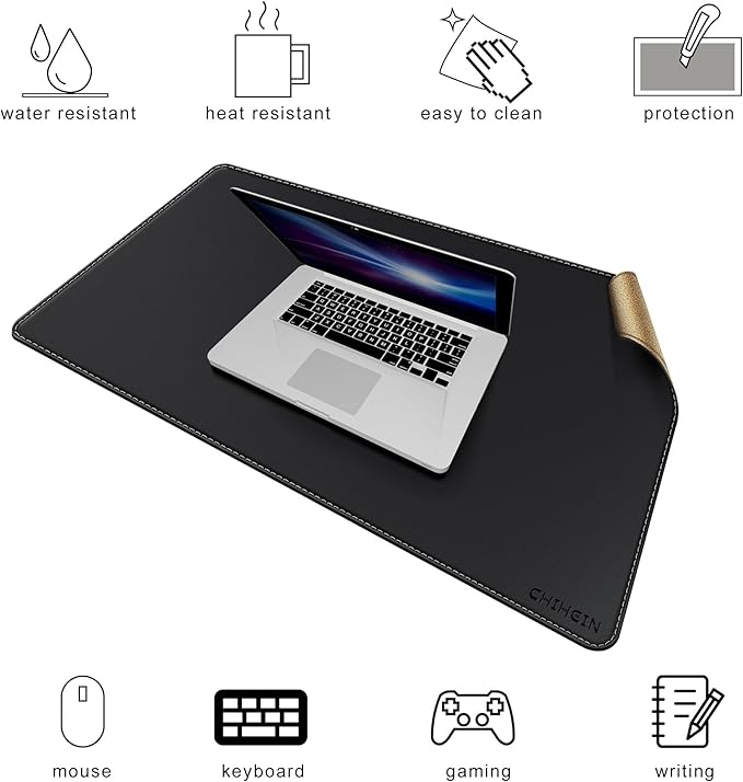Chihein 32" x 20" Desk Mat with Cork & PU Leather, Dual Sided Desk Pad, Waterproof Computer Desk Mat for Gaming, Office, Home (Black)