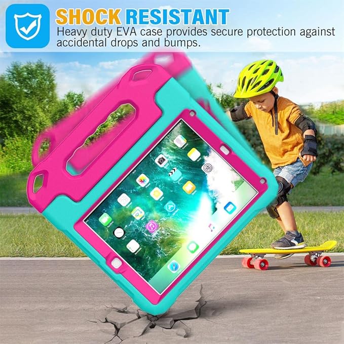 SUPLIK Kids Case for iPad 5th/6th Generation (9.7 inch, 2017/2018), iPad Air 1 & Air 2 & Pro 9.7 Case with Screen Protector, Durable Shockproof Protective Cover with Handle Stand, Cyan&Pink