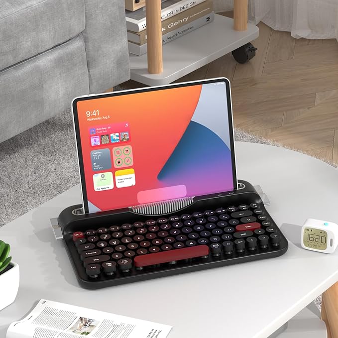 Ajazz AF84 Wireless Membrane Silent Typewriter Keyboard, Bluetooth/2.4G Dual-Mode Connection, Cute Retro Aesthetic Design with Integrated Stand for Tablet, Phone, PC and Win/Mac/Android Black