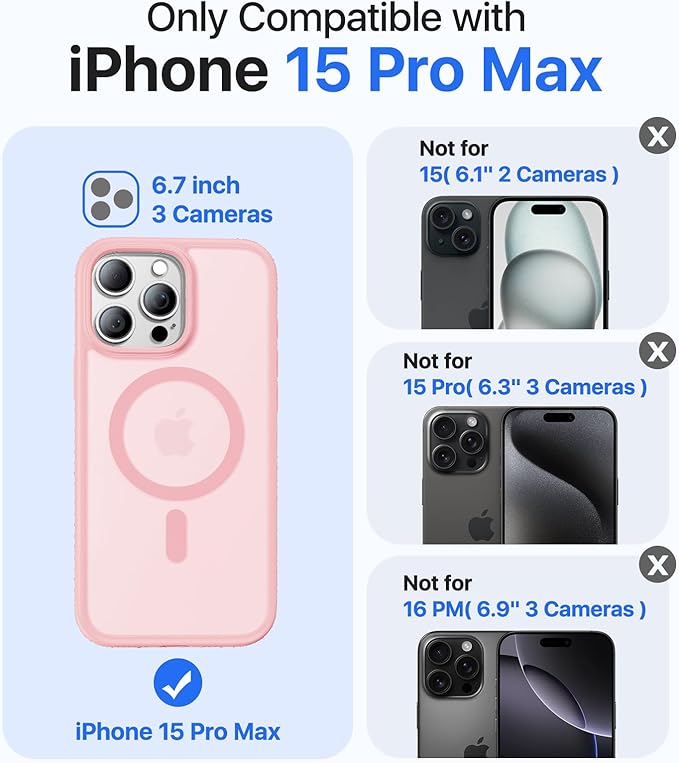 Magnetic for iPhone 15 Pro Max Case[Compatible with MagSafe][Military-Grade Drop Protection][Anti-Yellowing]Shockproof Protective Translucent Matte Cover for iPhone 15 Pro Max Phone Case,Pink