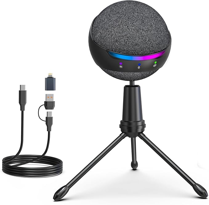 ZealSound Podcast USB Microphone for PC/Mac/iPhone, Cardioid Condenser Mic with Noise Reduction, Tap-to-Mute, RGB Lighting, Zero Latency Monitoring, Volume Control for Gaming, Recording, YouTube