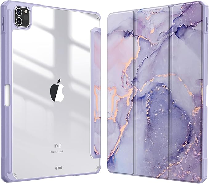 Fintie Hybrid Slim Case for iPad Pro 11-inch (4th / 3rd Generation) 2022/2021 - [Built-in Pencil Holder] Shockproof Cover w/Clear Transparent Back Shell, Also Fit iPad Pro 11" 2nd Gen, Lilac Marble