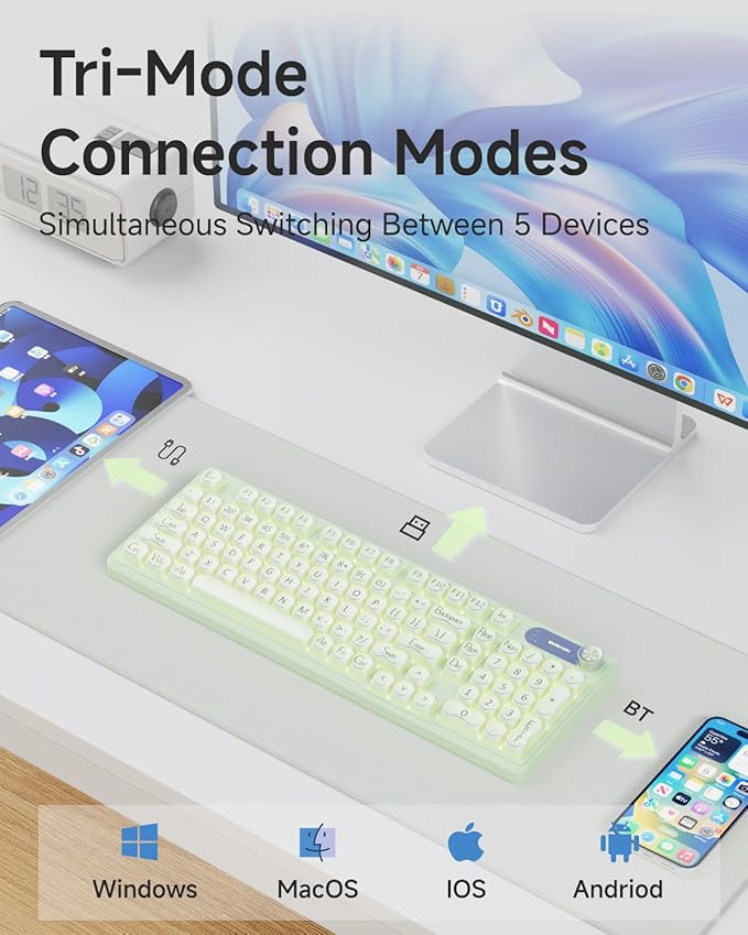 EWEADN V102 Wireless Keyboards, 98 Key Gaming Keyboard with Screen & Media Knob, Custom RGB Backlit, Tri-Mode BT5.0/2.4GHz/Wired Membrane Bluetooth Keyboard, Quiet Typing for Windows/MAC-Green