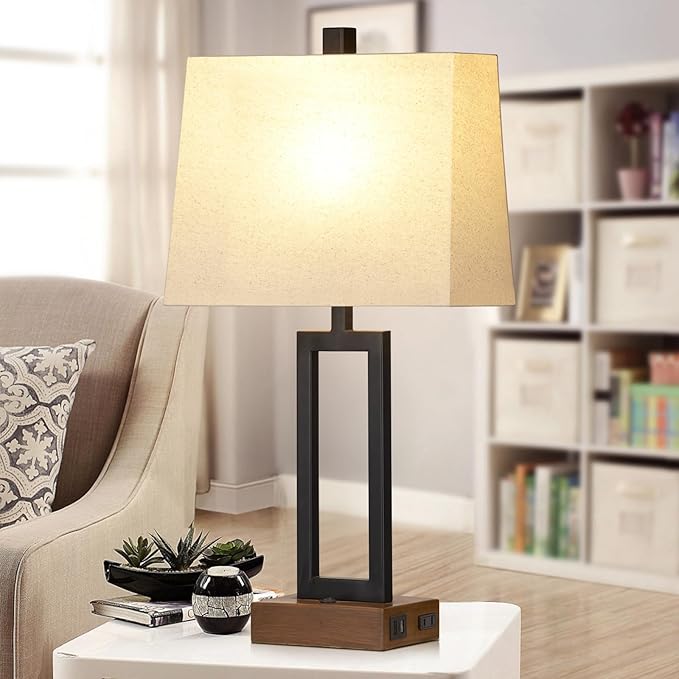 Rinweey 23.5" Table Lamps Set of 2, Modern Black Bedside Lamps with 2 USB Ports & AC Outlet, Contemporary Nightstand Lamps with Wood Base for Bedroom Living Room(LED Bulb Included)