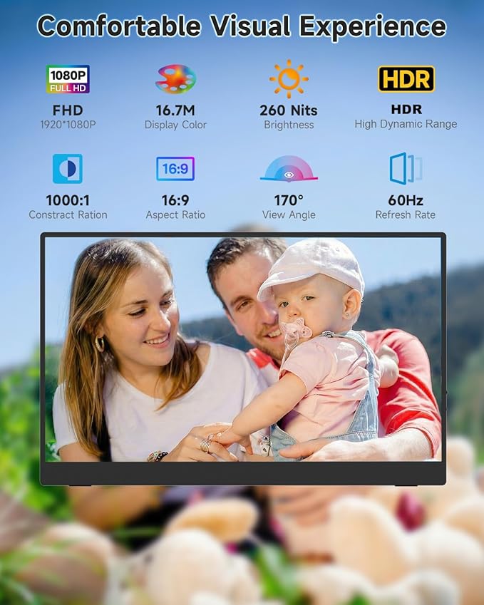 Portable Monitor 15.6 inch Ultra-Light Extended Monitor for Laptop 1080P FHD IPS Build-in Speakers HDMI USB-C Second Screen for Gaming PC mac Phone PS4/5 Switch Xbox with Kickstand Case