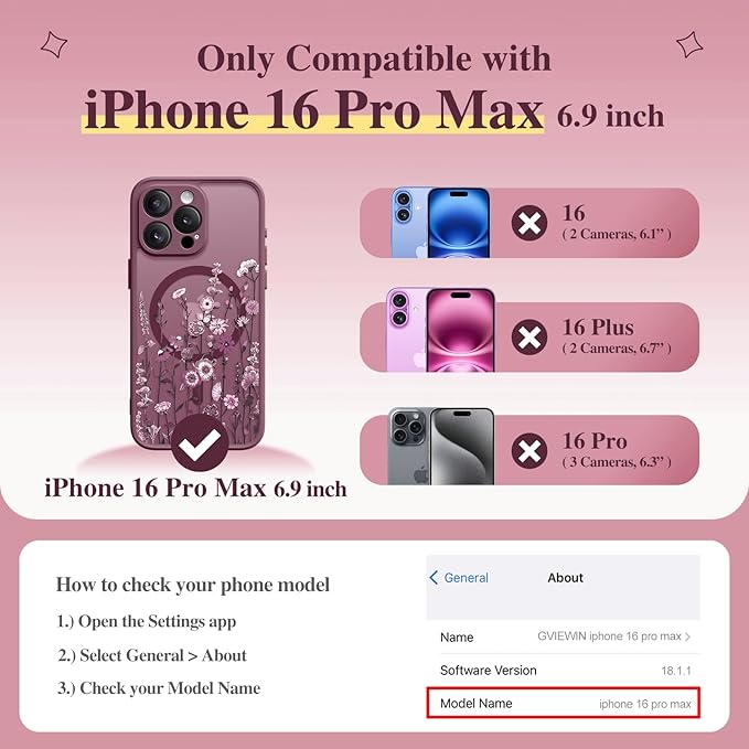 GVIEWIN for iPhone 16 Pro Max Case Compatible with MagSafe, [Military Grade Protection] [Screen Protector] Full Camera Protection Floral Translucent Women Magnetic Phone Case, Floratopia/Burgundy