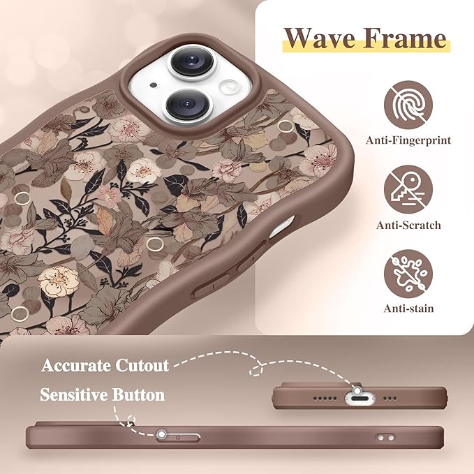 GVIEWIN Cute for iPhone 14 Case & iPhone 13 Case [Compatible with MagSafe] [Curly Wave Edge] Floral Translucent Magnetic Shockproof Protective Phone Cover for iPhone 14/13 6.1'', Apricot Blossom/Brown