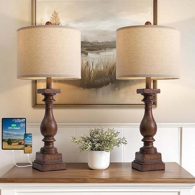 BOBOMOMO 27" Farmhouse Living Room Lamps with USB-A +C Ports, Vintage Rustic Bedside Night Stand Lamps Set of 2, Linen Shade, Retro Side Table Lamps for Living Room, Bedroom (Blubs not Included)