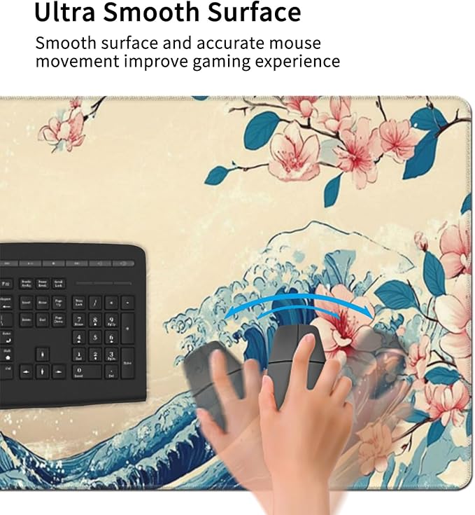 Japanese Sea Wave Extended Large Mouse Pad for Desk, 48"x24" Big Gaming Mouse Pads with Stitched Edges, Non-Slip Rubber Base Computer Desk Mat Mouse Mat for Home Office Work