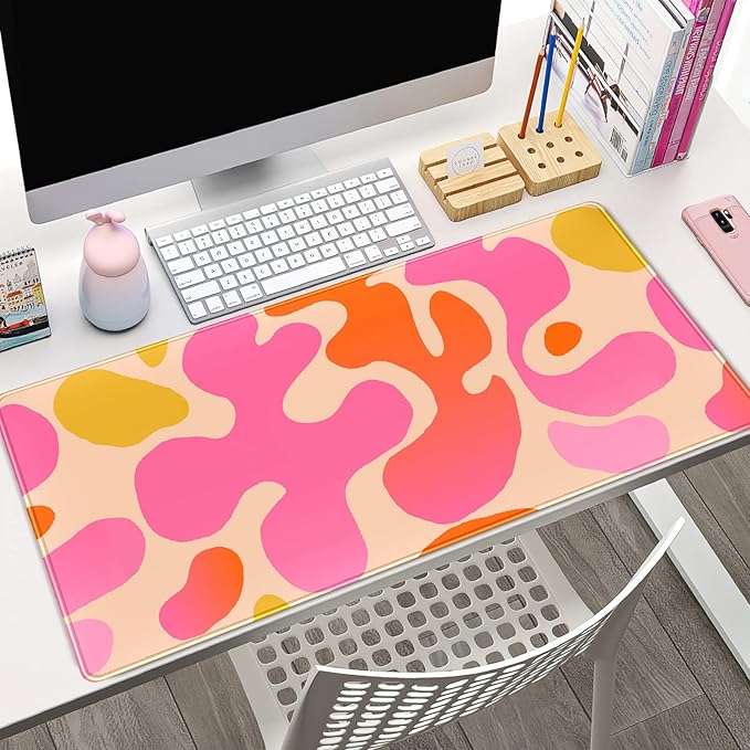 Pink Desk Mat Modern Abstract Large Mouse Pad XXL Cute Pink Desk Pad Keyboard Mat, Desk Accessories for Women Office Decor, Extended Mousepad 31.5''X15.7'' Non-Slip Rubber Base with Stitched Edges
