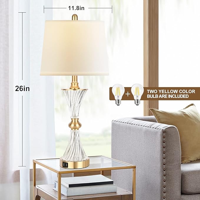 Hamucd Touch Table Lamps for Bedroom Set of 2 Modern Living Room 3 Way Dimmable Gold Glass Bedside Nightstand Lamp for End Table with 2 USB Charging Port,2 Bulbs Included
