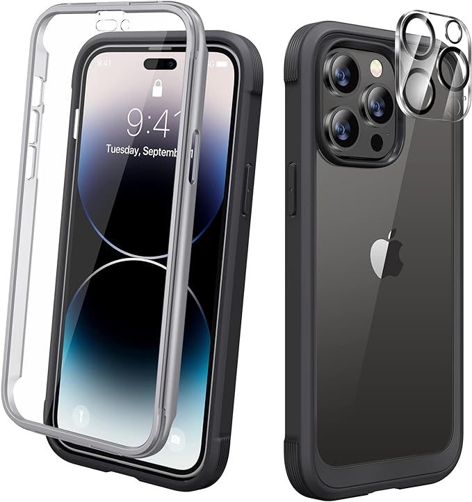 Diaclara Designed for iPhone 14 Pro Max Case 6.7, [2023 Upgraded] Full Body Rugged Case with Built-in Touch Sensitive Anti-Scratch Screen Protector +9H Tempered Glass Camera Lens Protector(Black)