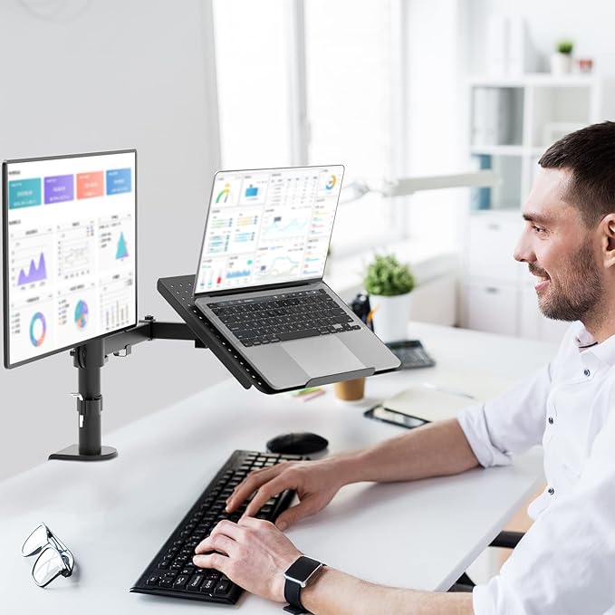 WALI Dual Arm Laptop and Monitor Desk Mount for 17" Notebook and Up to 27" Screen, Fully Adjustable Monitor Arm with Laptop Tray, VESA 75x75 100x100, Holds up to 22 lbs, Black (M001LP)
