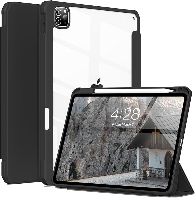 Case for iPad Pro 12.9 Inch (6th/5th/4th/3rd Generation 2022/2021/2020/2018) with Pencil Holder, Clear Transparent Back Shell Slim Stand Shockproof Tablet Cover, Auto Wake/Sleep, Black