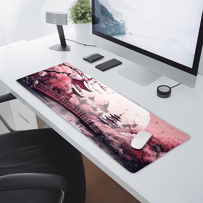 Pink Japanese Cherry Blossom Large Mouse Pad XL Sakura Forest Tree Sun Tower Mountain Extended Large Desk Mat Big Desk Pad 80X30 CM Non-Slip Rubber Base Stitched Edge Long Mousepad,31.5×11.8 Inch