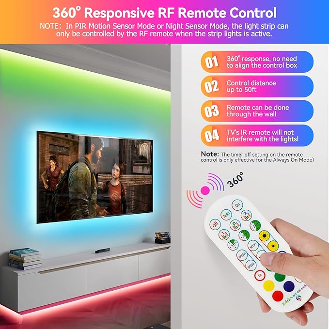 9.8Ft RGB LED Strip Lights, Motion Sensor Under Bed Lights, Indoor Usage, USB Powered, 3 Modes, App Control, RF Remote, SMD5050, for Bedroom, Kitchen, Stairs