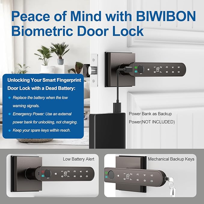 BIWIBON Fingerprint Door Lock, 5 in 1 Finger Print Door Knob with Smart APP/Fingerprint/IC Cards/Password/Backup Keys, Smart Door Knob with Keypad for Bedroom, Office, Apartment, Starry Grey