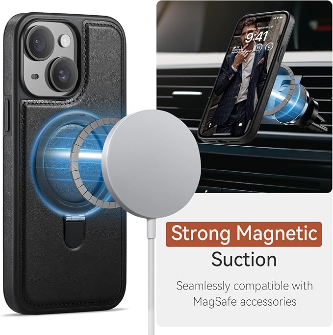 for iPhone 14 Case with Stand Compatible with Magsafe Slim PU Leather & Durable TPU Drop Proof Magnetic Kickstand Protective Phone Cover with Tempered Glass Screen Protector 6.1", Black