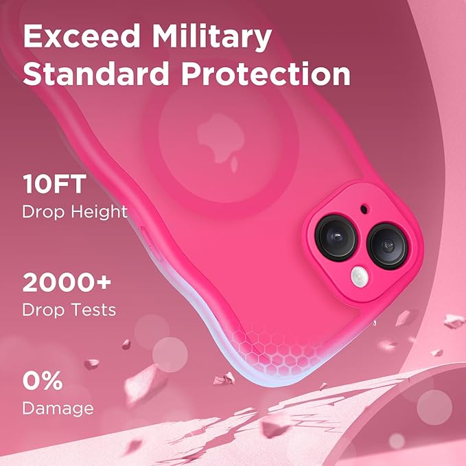 CAPRARO Cute for iPhone 15 Plus Case, Compatible with MagSafe, [Curly Wave Edge] [Full Camera Protection] [14 FT Drop Protection] Magnetic Phone Case for 15 Plus 6.7 Inch, Hot Pink