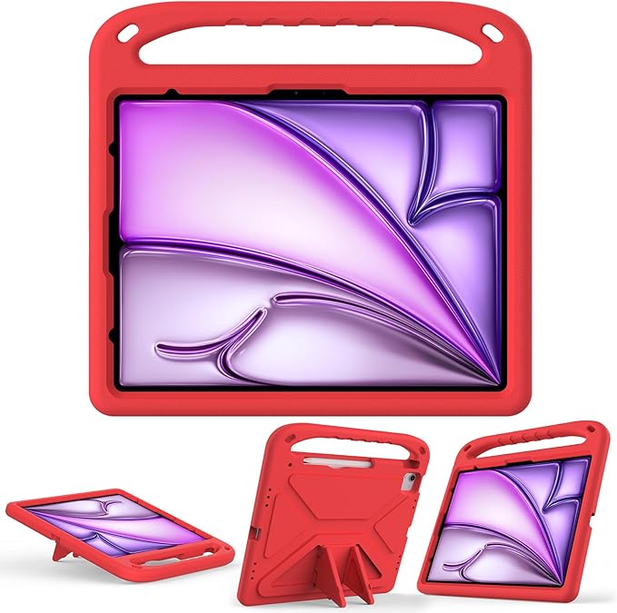 for iPad Air 11" M4 M3 M2 2026 2025 2024 Case for Kids, iPad Pro 11 Inch M5 M4 Case 2025 2024, Soft EVA Handle with Shoulder Strap Stand Cute Kids Friendly Bumper Cover, Red
