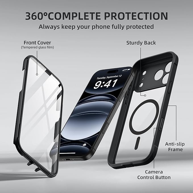 BERFY for iPhone 17 Pro Case, Compatible with MagSafe, Built-in Glass Screen Protector, Camera Protection, Shockproof Full Body Phone case 6.3", Clear Black