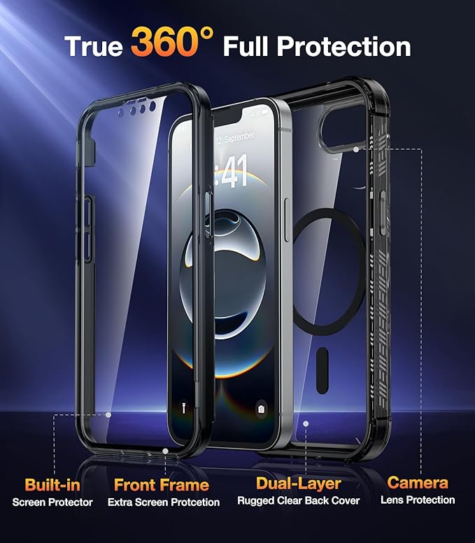 Diaclara Magnetic Designed for iPhone 17e Case & iPhone 16e Case, Full Body Rugged Case with Built-in Screen Protector,[Compatible with MagSafe] Soft Bumper for iPhone 16 17 E 6.1" (Clear Black)
