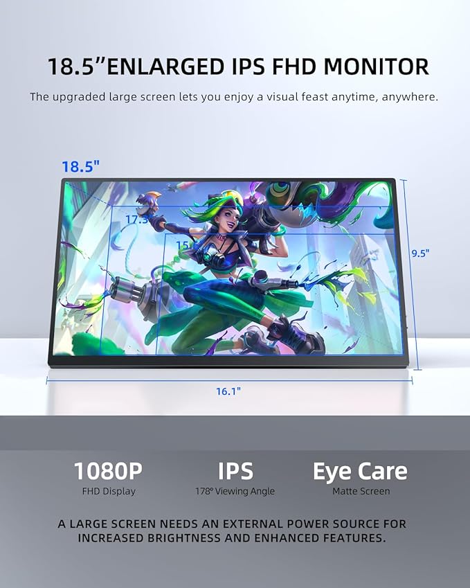 UPERFECT Portable Monitor 18.5" 120HZ 125% sRGB Portable Laptop Monitor w/VESA & Stand, FreeSync HDR Gaming Monitor, 350Nits USB-C & MINI HDMI Travel Second Screen for Laptop, PC, Game Consoles