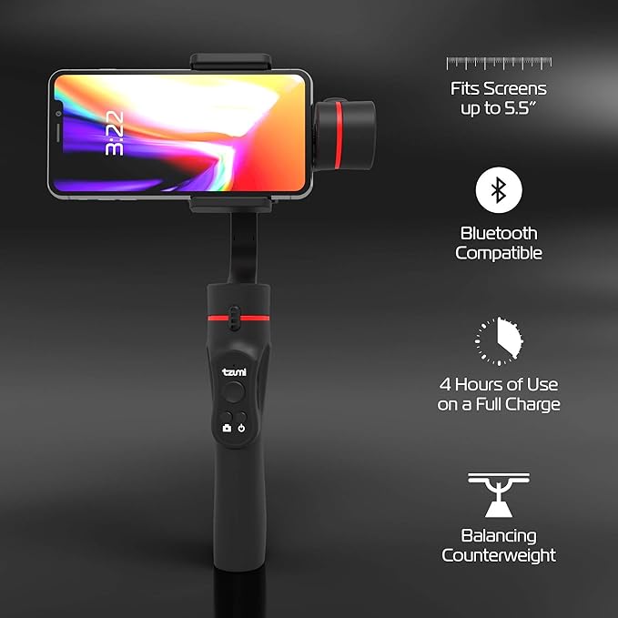 Tzumi SteadyGo Smartphone Stabilizing Gimbal – Motorized Rechargeable 3-Axis Handheld Gimbal for Smooth, Steady Digital Photography and Advanced Video Filming Techniques, Black (5643AMZ)