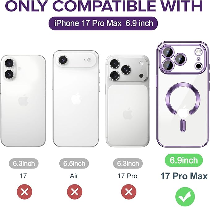 Hython Magnetic Clear for iPhone 17 Pro Max Case with Camera Lens Protector [Compatible with MagSafe] Plating Edge Slim Soft TPU Cover Protective Phone Case for iPhone 17 Pro Max 6.9", Deep Purple