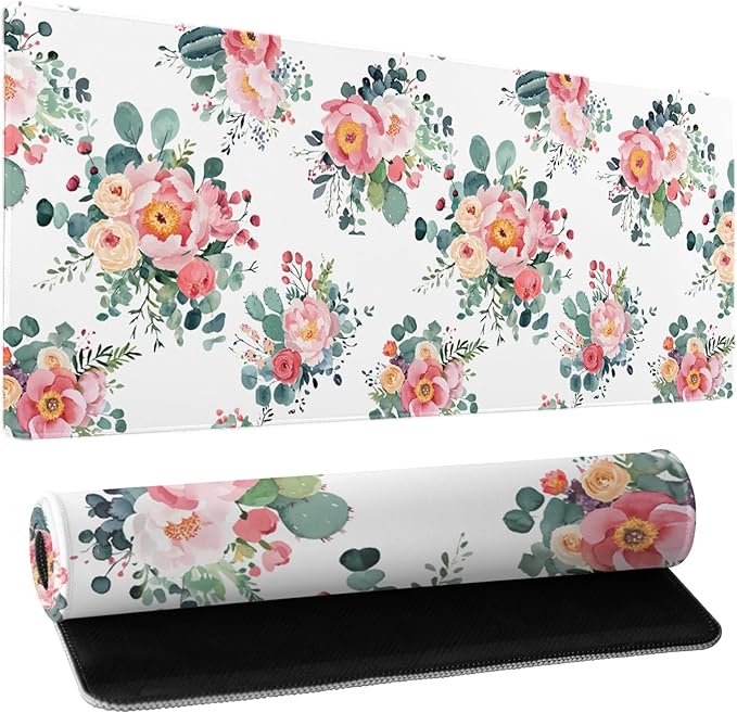 Kawani Pink Floral Gaming Mouse Pad & Keyboard Mat, XXL Large (31.5x11.8 Inch), Waterproof, Non-Slip, Soft, Fabric & Rubber