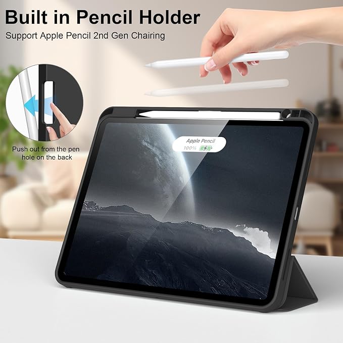 for iPad Pro 12.9 Inch Case 6th/5th/4th Generation (2022/2021/2020) with Pencil Holder, Smart Stand Cover with Soft TPU Back for iPad Air 13 inch Case, Auto Sleep/Wake, Black