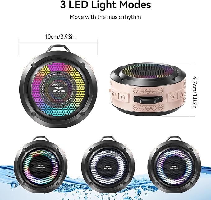 Shower Speaker, Certified IPX7 Waterproof, Mini Bluetooth Wireless Small Speaker with Lights, Suction Cup and Mic for Bathroom, Crystal Sound&Bass,12H Playtime, Ideal Electronic Gift(Pink)