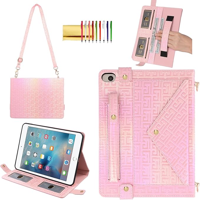 Shiny Case for iPad mini 5/4/3/2/1, Mini 7.9" Handbag Case, Techcircle Iridescent PU Leather Folio Envelope Pocket Stand Cover with Hand Strap+Shoulder Strap+Pencil Holder+Card Slots, Shiny Pink