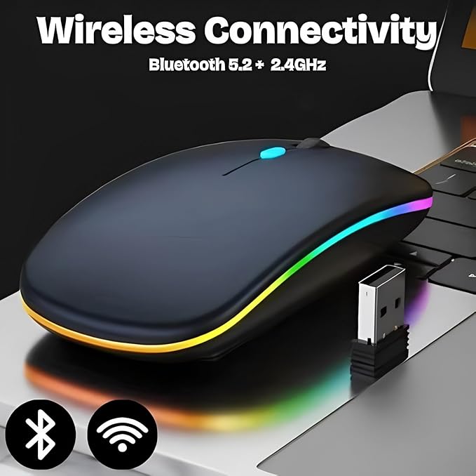 Wireless Mouse for Laptop & PC – Magic, Bluetooth, Rechargeable USB-C, Slim Design with RGB Backlight, Dual Mode 2.4GHz for MacBook, iPad (Jet Black)