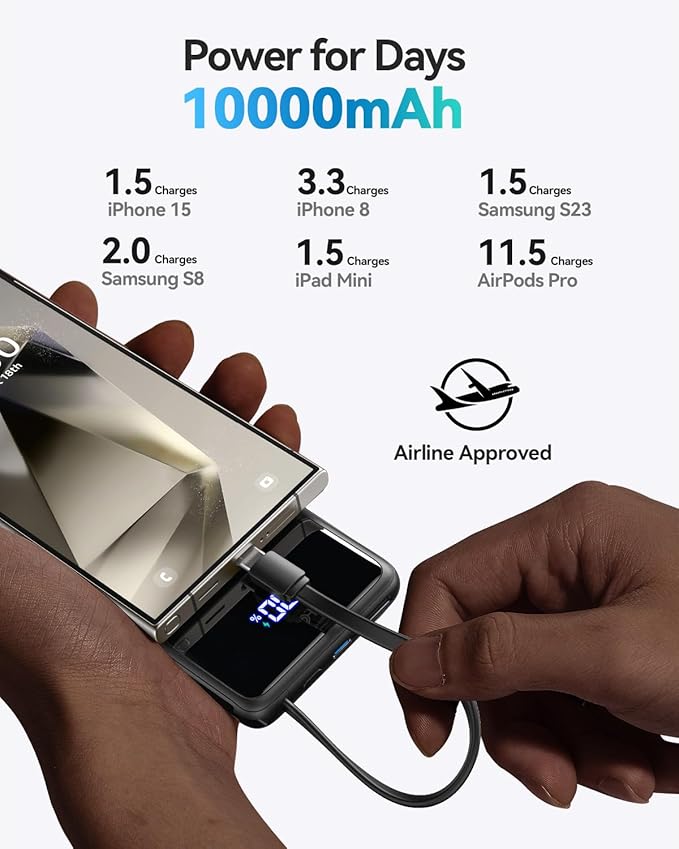 INIU 45W Power Bank, Slimmest 10000mAh Portable Charger with Built in USB-C Cable, Fast Charging USB C in&Out Battery Pack, Travel External Phone Charger for iPhone 17 16 15 Samsung S24 S23 Google etc