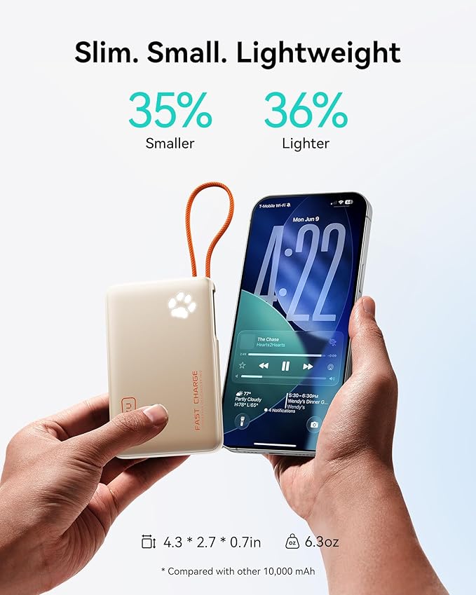 INIU 45W Power Bank, Fast Charging Portable Charger with Built-in USB C Cable, 10000mAh Small Type C Powerbank, Battery Pack for iPhone 17 16 15 14, iPad, Samsung S25 S24 etc Travel Camping, White