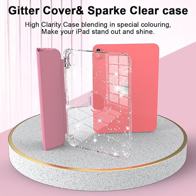 Glitter Case for iPad (A16) 11th Generation 11 Inch (2025), iPad 10th Generation 10.9 Inch (2022), Slim Fit Trifold Stand Auto Sleep Wake Not-Yellowing Clear Back Cover with Pencil Holder,Pink