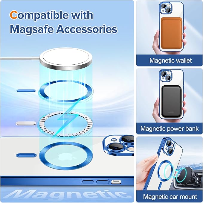Hython Magnetic Clear for iPhone 14 Case with Camera Lens Protector [Compatible with MagSafe] Luxury Plating Edge Slim Soft TPU Cover Protective Phone Case for iPhone 14 6.1", Deep Blue