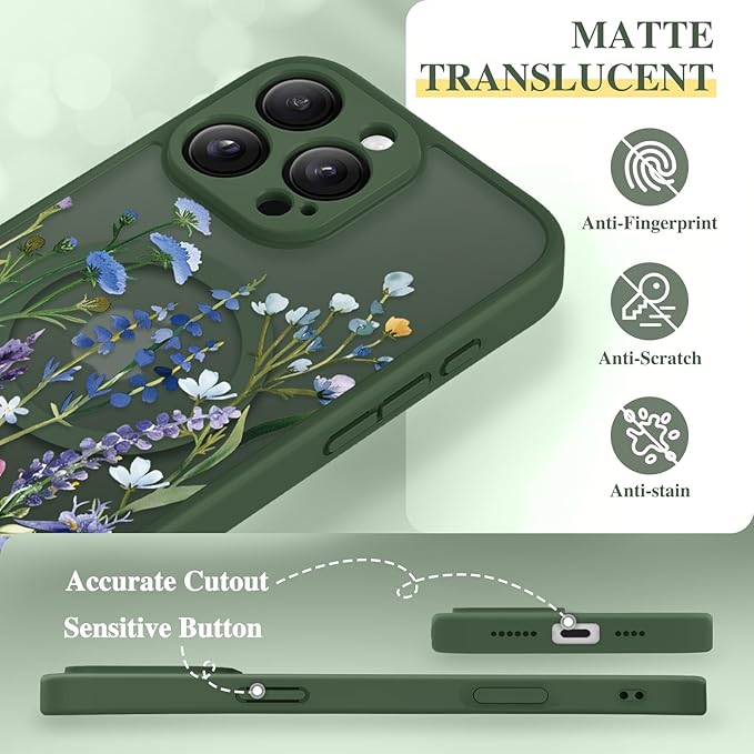 GVIEWIN for iPhone 16 Pro Case Compatible with MagSafe, [Military Grade Protection] [Screen Protector] Full Camera Protection Floral Translucent Women Magnetic Phone Case, Sweet Posy/Forest Green
