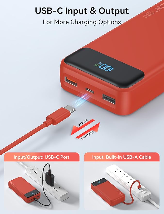 Portable Charger, 20000mAh 22.5W Fast Charging Power Bank with 4 Built-in Cables, Travel Essentials External Battery Pack with LED Display, 6 Outputs Charging Bank for iPhone, iPad, Samsung etc Red