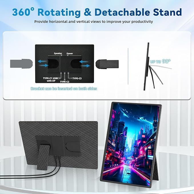 Portable Monitor 16" 1200P FHD Laptop Screen Extender, Horizontal Vertical Monitors with Detachable Kickstand, Built-in Speakers, Plug & Play Computer Gaming Travel Monitor for Wins Mac Chrome Phone