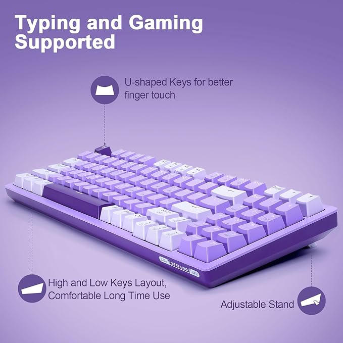 HUO JI Mechanical Gaming Keyboard USB Wired Compact with Number Pad, Purple Led Backlit, Red Switch, Detachable Type C Cable, 94 Keys for PC/Computer/Laptop, Purple and White