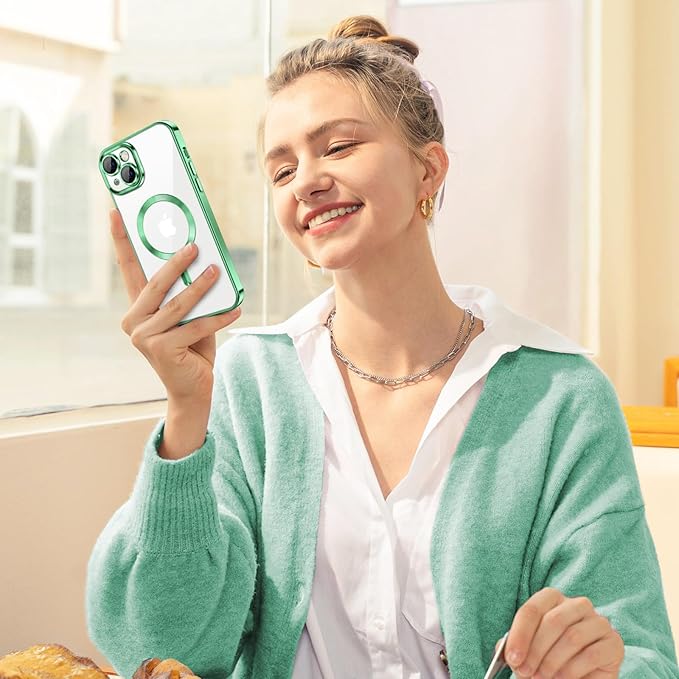 Hython Magnetic Clear for iPhone 13 Case with Camera Lens Protector [Compatible with MagSafe] Luxury Plating Edge Slim Soft TPU Cover Protective Phone Case for iPhone 13 6.1", Light Green
